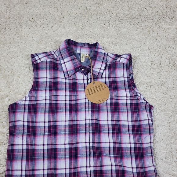 Dakini Plaid Boyfriend Shirt Womens Small Purple Stretch Hidden Pocket Vented - Picture 2 of 9